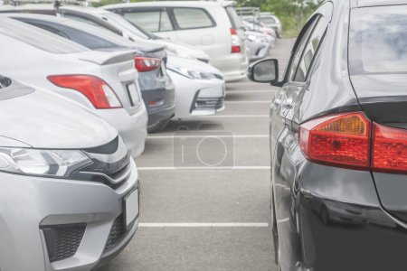 Téléchargez les photos : Parking blanc dans un grand parking en asphalte dans un fond de rangée. Parking extérieur, le transport des voyages d'affaires concéder - en image libre de droit