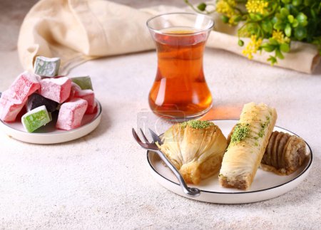 Photo for Traditional turkish sweets baklava and turkish delight - Royalty Free Image