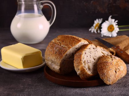 homemade tartine bread with milk and butter