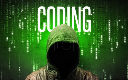 Photo for Faceless hacker with CODING inscription, hacking concept - Royalty Free Image