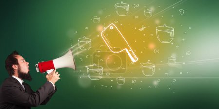 Photo for Young person shouting in megaphone and butchlers tool icon, healthy eating concept - Royalty Free Image