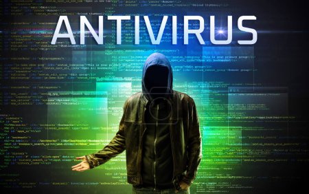 Photo for Faceless hacker with ANTIVIRUS inscription on a binary code background - Royalty Free Image