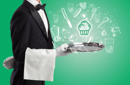 Téléchargez les photos : Serveur tenant plateau d'argent avec des icônes de muffins qui en sortent, concept d'alimentation santé - en image libre de droit