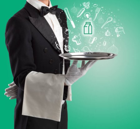 Photo for Waiter holding silver tray with milk icons coming out of it, health food concept - Royalty Free Image