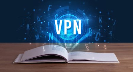 Téléchargez les photos : Inscription VPN issue d'un livre ouvert, concept de technologie numérique - en image libre de droit