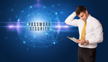 Photo for Businessman thinking about security solutions with PASSWORD SECURITY inscription - Royalty Free Image