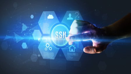 Téléchargez les photos : Toucher à la main inscription SSH, nouveau concept technologique - en image libre de droit