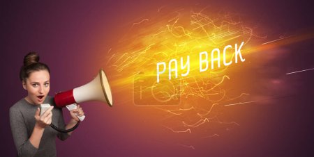 Photo for Young girld shouting in megaphone with PAY BACK inscription, online shopping concept - Royalty Free Image