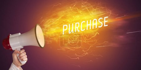 Photo for Young girld shouting in megaphone with PURCHASE inscription, online shopping concept - Royalty Free Image