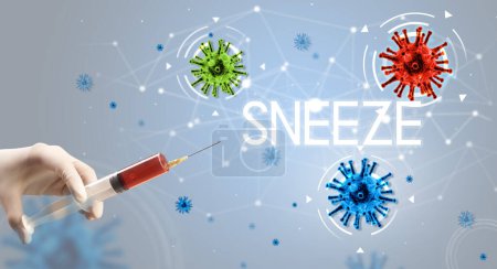 Photo for Syringe, medical injection in hand with SNEEZE inscription, coronavirus vaccine concept - Royalty Free Image