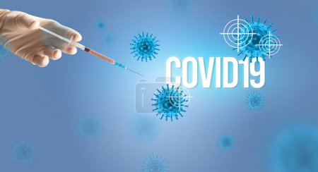 Téléchargez les photos : Vue rapprochée des médecins dans une seringue à gants blancs portant l'inscription COVID19, concept d'antidote au coronavirus - en image libre de droit