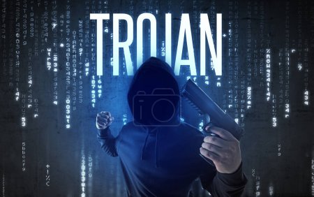 Téléchargez les photos : Hacker sans visage avec inscription TROJAN, concept de piratage - en image libre de droit