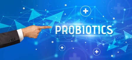 Photo for Close-Up of cropped hand pointing at PROBIOTICS inscription, medical concept - Royalty Free Image