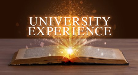 Photo for UNIVERSITY EXPERIENCE inscription coming out from an open book, educational concept - Royalty Free Image