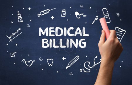 Photo for Hand drawing MEDICAL BILLING inscription with white chalk on blackboard, medical concept - Royalty Free Image