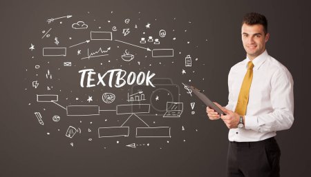 Photo for Businessman thinking with TEXTBOOK inscription, business education concept - Royalty Free Image
