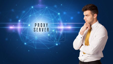 Businessman thinking about security solutions with PROXY SERVER inscription