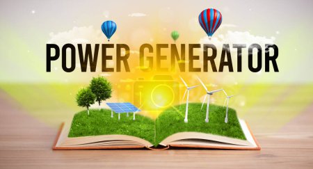 Téléchargez les photos : Livre ouvert avec inscription POWER GENERATOR, concept d'énergie renouvelable - en image libre de droit
