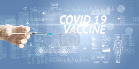 Photo for Syringe needle with virus vaccine and COVID 19 VACCINE inscription, antidote concept - Royalty Free Image
