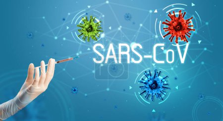 Photo for Syringe, medical injection in hand with SARS-CoV inscription, coronavirus vaccine concept - Royalty Free Image