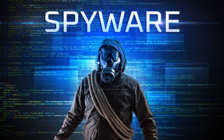 Photo for Faceless hacker with SPYWARE inscription on a binary code background - Royalty Free Image
