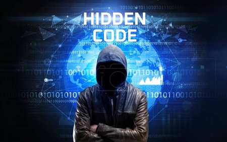 Téléchargez les photos : Hacker sans visage au travail avec inscription HIDDEN CODE, Concept de sécurité informatique - en image libre de droit