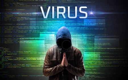 Photo for Faceless hacker with VIRUS inscription on a binary code background - Royalty Free Image