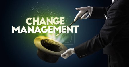 Photo for Illusionist is showing magic trick with CHANGE MANAGEMENT inscription, new business model concept - Royalty Free Image