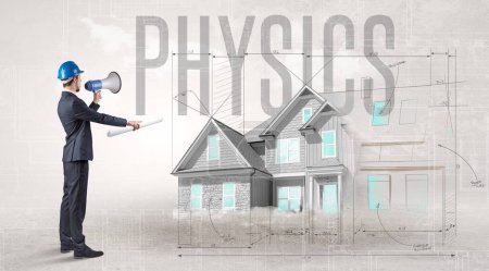 Photo for Young engineer holding blueprint with PHYSICS inscription, house planning concept - Royalty Free Image
