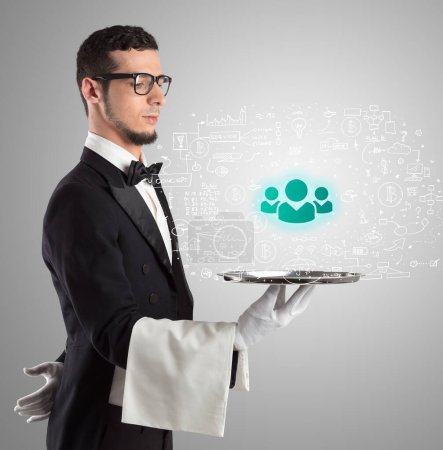 Photo for Close-up of waiter serving community icons, social media concept - Royalty Free Image