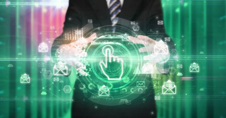 Foto de Hombre de negocios sosteniendo el icono de la interfaz de usuario táctil en sus manos con múltiples símbolos de tecnología a su alrededor - Imagen libre de derechos