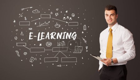 Foto de Empresario pensando con inscripción E-LEARNING, concepto de educación empresarial - Imagen libre de derechos