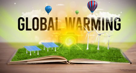 Foto de Libro abierto con inscripción GLOBAL WARMING, concepto de energías renovables - Imagen libre de derechos