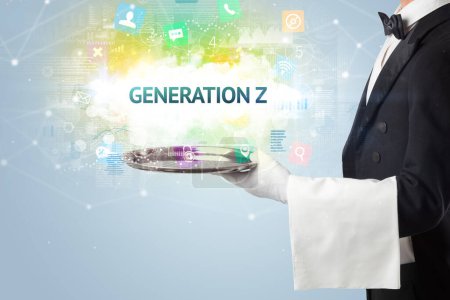 Photo for Waiter serving social networking concept with GENERATION Z inscription - Royalty Free Image
