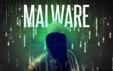 Téléchargez les photos : Hacker sans visage avec inscription MALWARE, concept de piratage - en image libre de droit