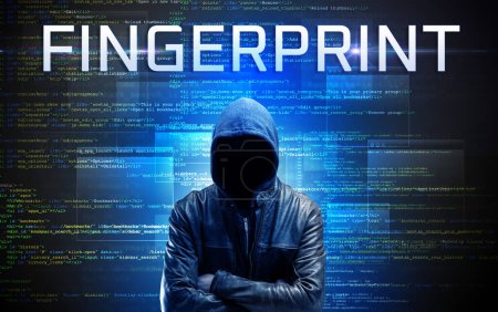 Téléchargez les photos : Hacker sans visage avec inscription FINGERPRINT sur fond de code binaire - en image libre de droit