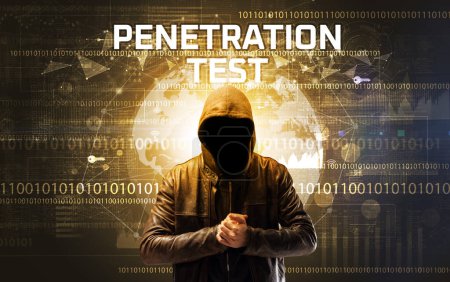 Photo for Faceless hacker at work with PENETRATION TEST inscription, Computer security concept - Royalty Free Image