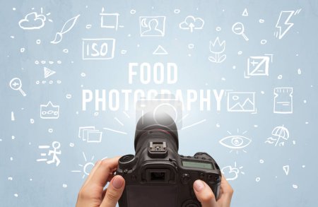Photo for Hand taking picture with digital camera and FOOD PHOTOGRAPHY inscription, camera settings concept - Royalty Free Image