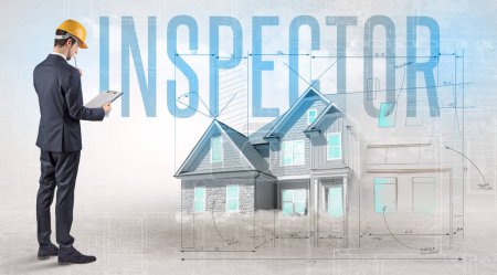 Photo for Young engineer holding blueprint with INSPECTOR inscription, house planning concept - Royalty Free Image