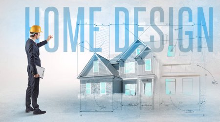 Photo for Young engineer holding blueprint with HOME DESIGN inscription, house planning concept - Royalty Free Image
