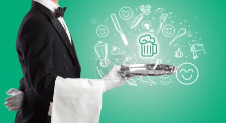 Photo for Waiter holding silver tray with beer mug icons coming out of it, health food concept - Royalty Free Image