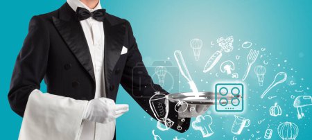 Photo for Waiter holding silver tray with hot plate icons coming out of it, health food concept - Royalty Free Image