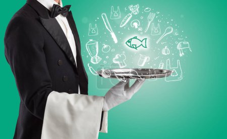Waiter holding silver tray with fish icons coming out of it, health food concept