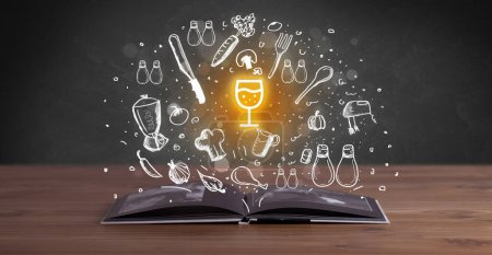 Téléchargez les photos : Livre de recettes ouvert avec verre dessiné d'icônes de vin qui en sortent, concept de gastronomie - en image libre de droit