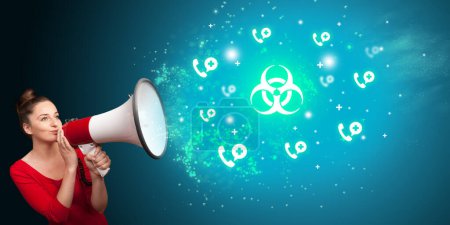Photo for Young person shouting in megaphone and biohazard icon, medical concept - Royalty Free Image