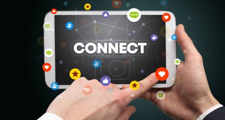 Téléchargez les photos : Gros plan d'un écran tactile avec inscription CONNECT, concept de réseautage social - en image libre de droit