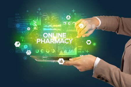 Photo for Close-up of a touchscreen with ONLINE PHARMACY inscription, medical concept - Royalty Free Image