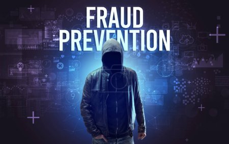 Faceless man with FRAUD PREVENTION inscription, online security concept