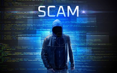 Photo for Faceless hacker with SCAM inscription on a binary code background - Royalty Free Image