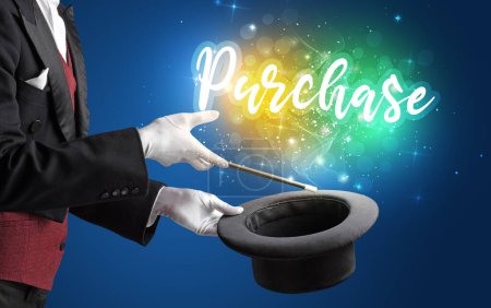 Téléchargez les photos : Main de magicien conjure avec baguette et inscription achat, concept shopping - en image libre de droit